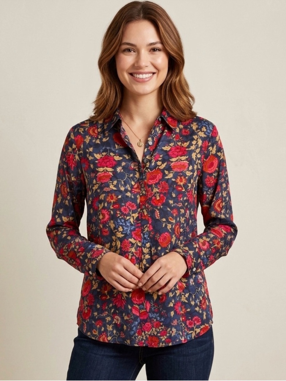 Lauren Ralph Lauren Floral Button-Front Long Sleeve Boho Shirt Top, Size M, NWT
